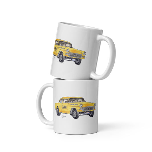 1955 Chevy Gasser – Kenny’s Speed Shop White glossy mug