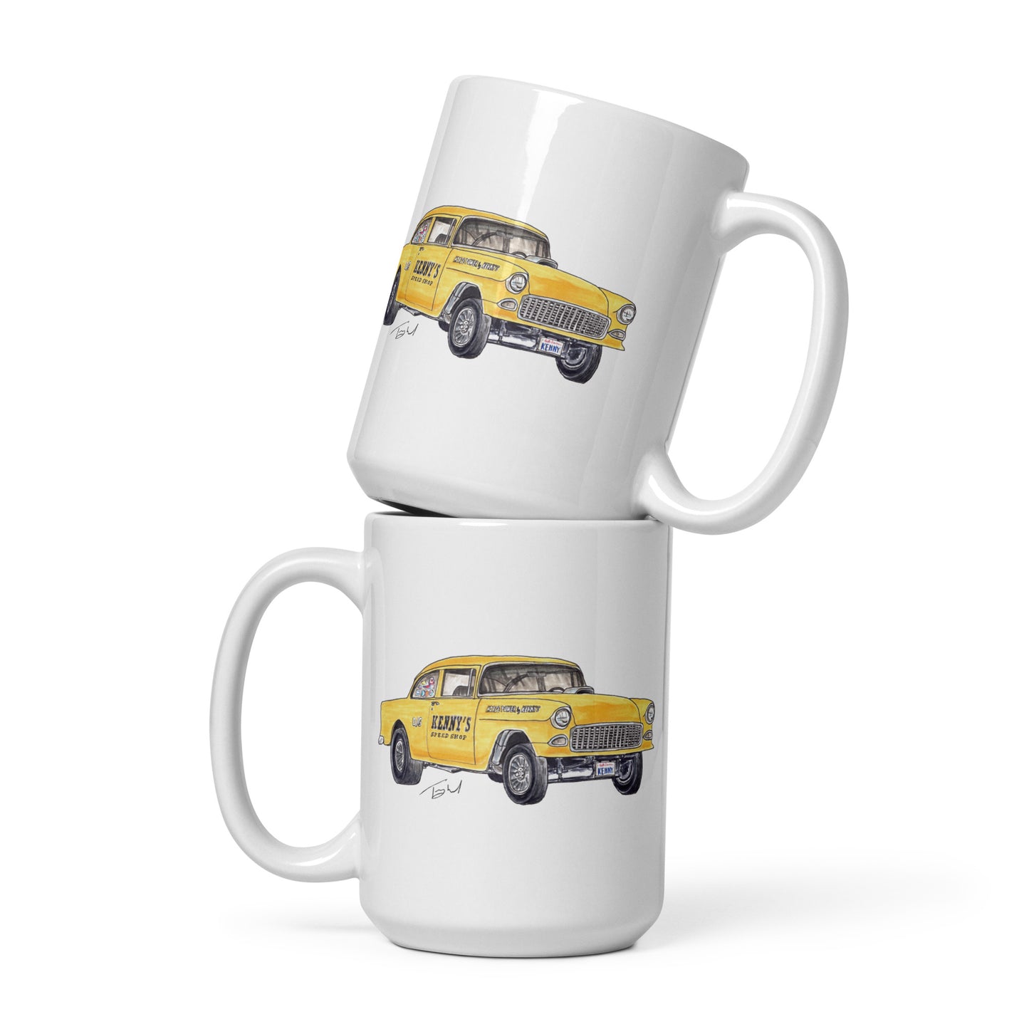 1955 Chevy Gasser – Kenny’s Speed Shop White glossy mug