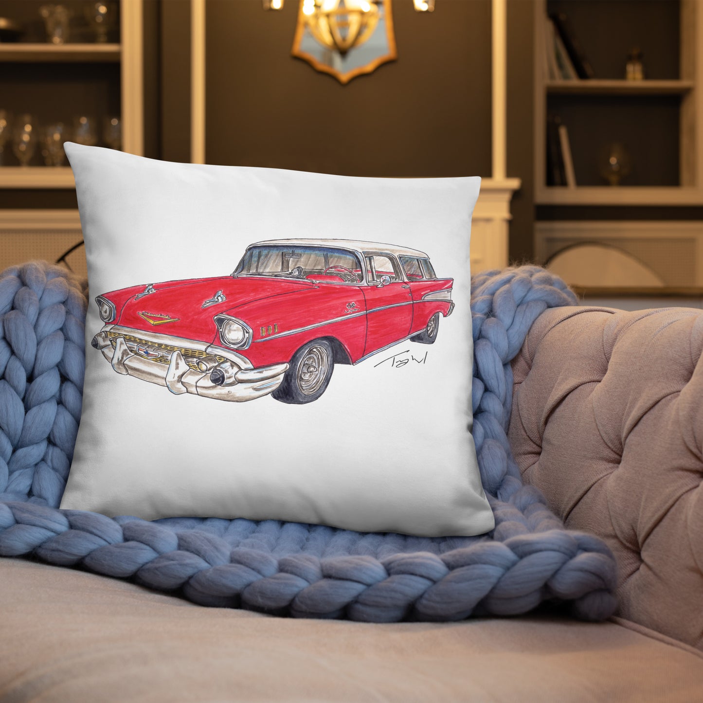 1957 C Belair Nomad Wagon Red-White Basic Pillow