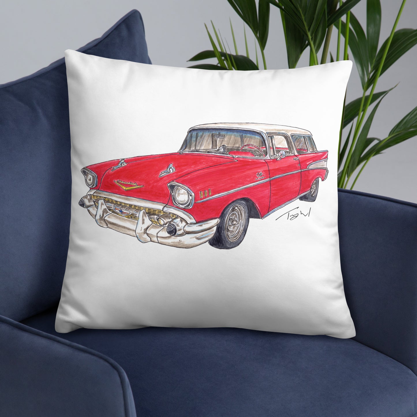 1957 C Belair Nomad Wagon Red-White Basic Pillow