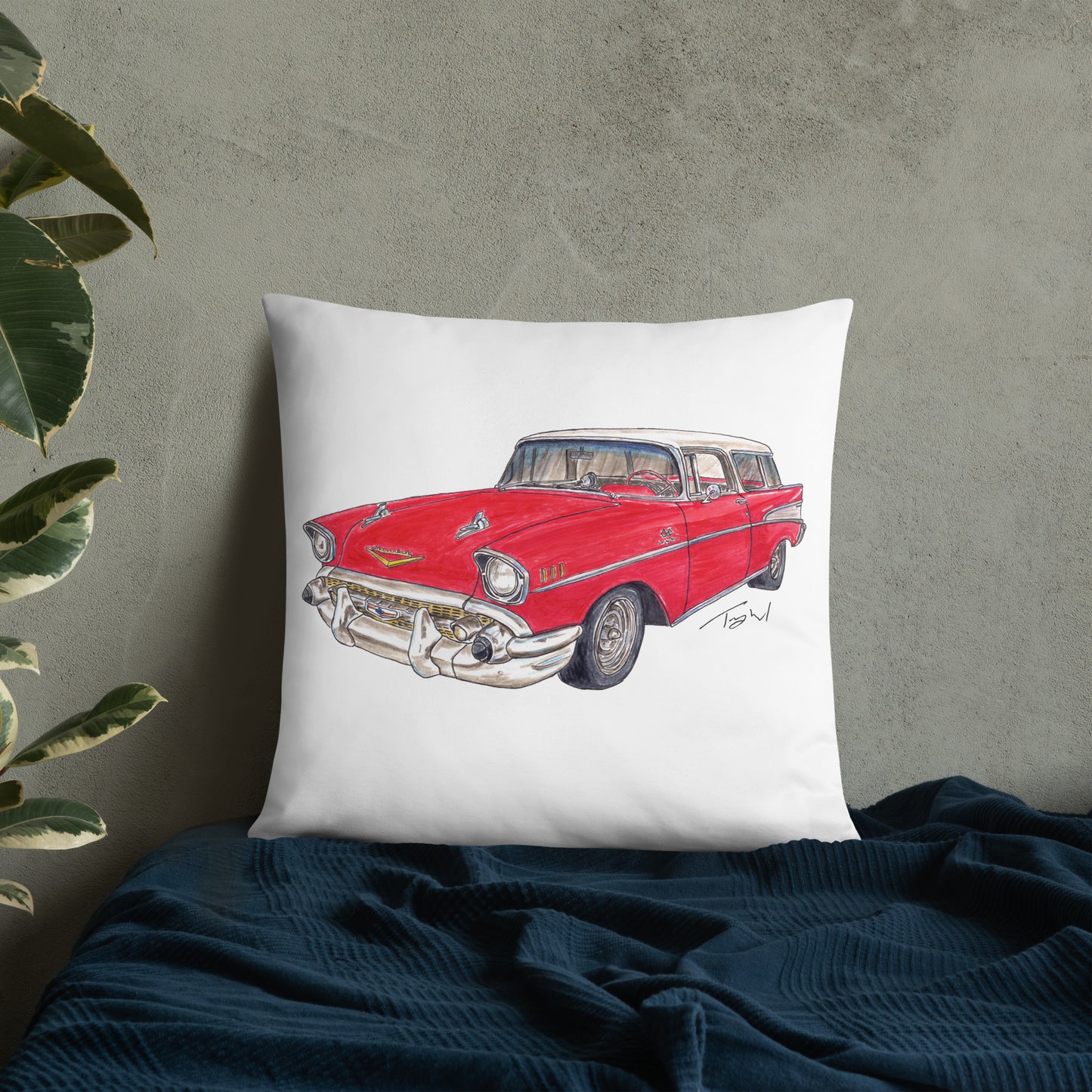 1957 C Belair Nomad Wagon Red-White Basic Pillow