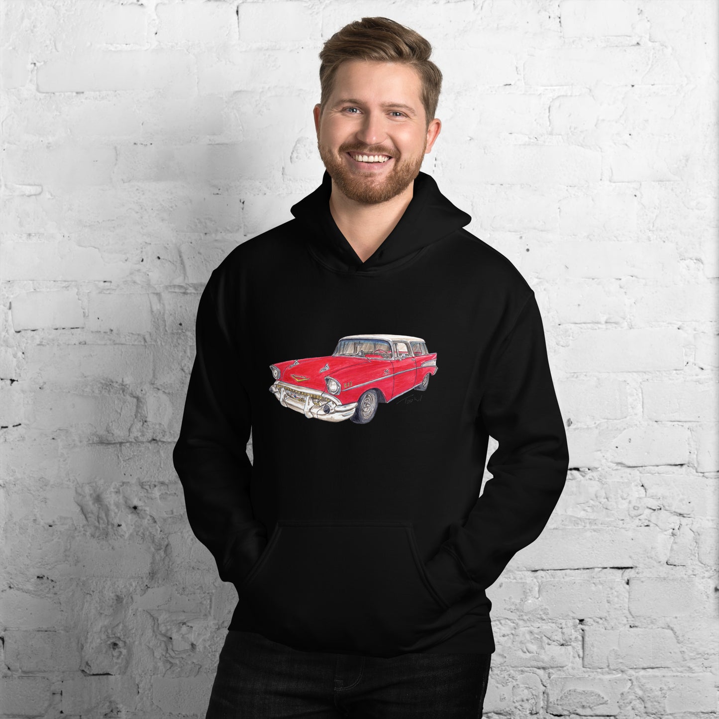 1957 C Belair Nomad Wagon Red-White Unisex Hoodie