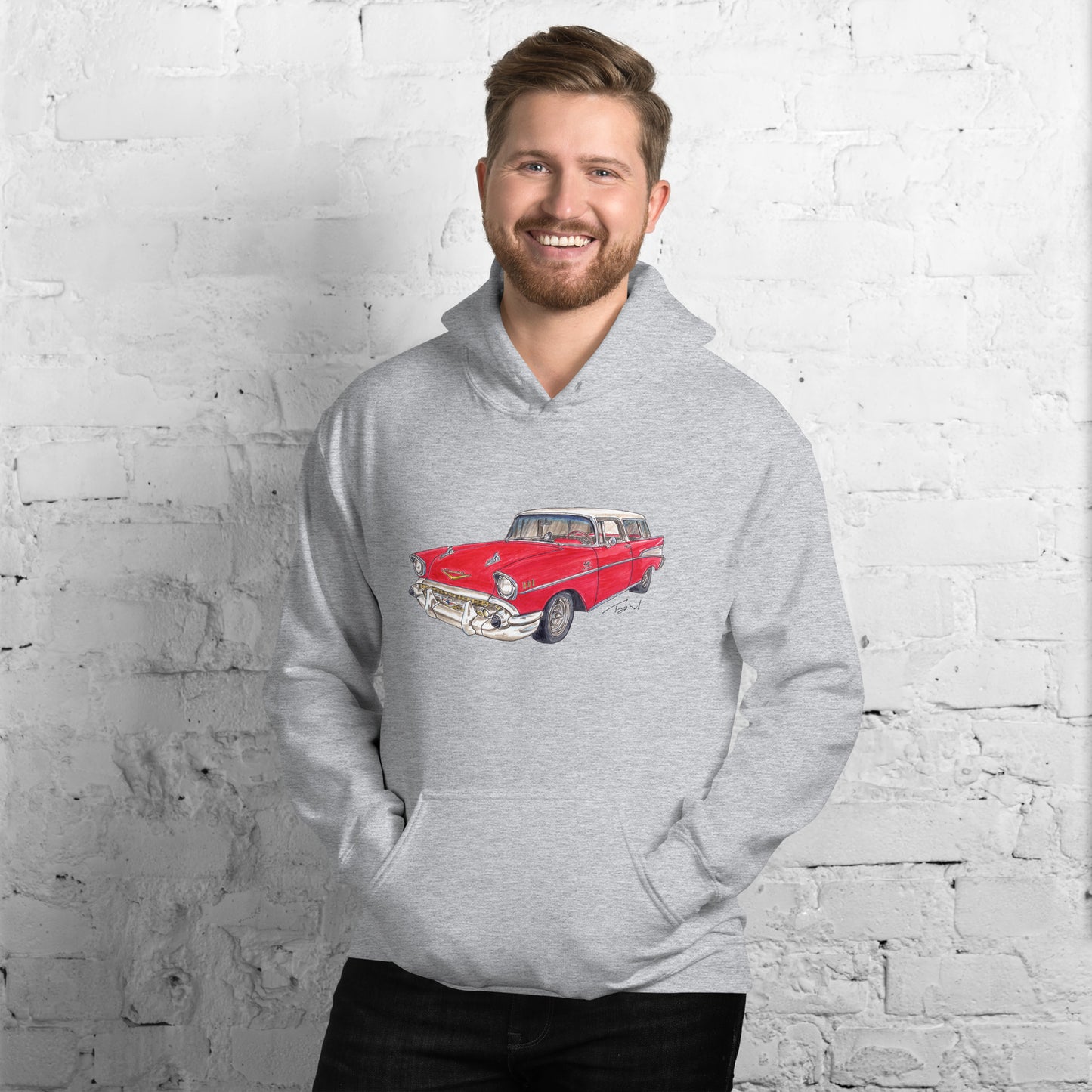 1957 C Belair Nomad Wagon Red-White Unisex Hoodie