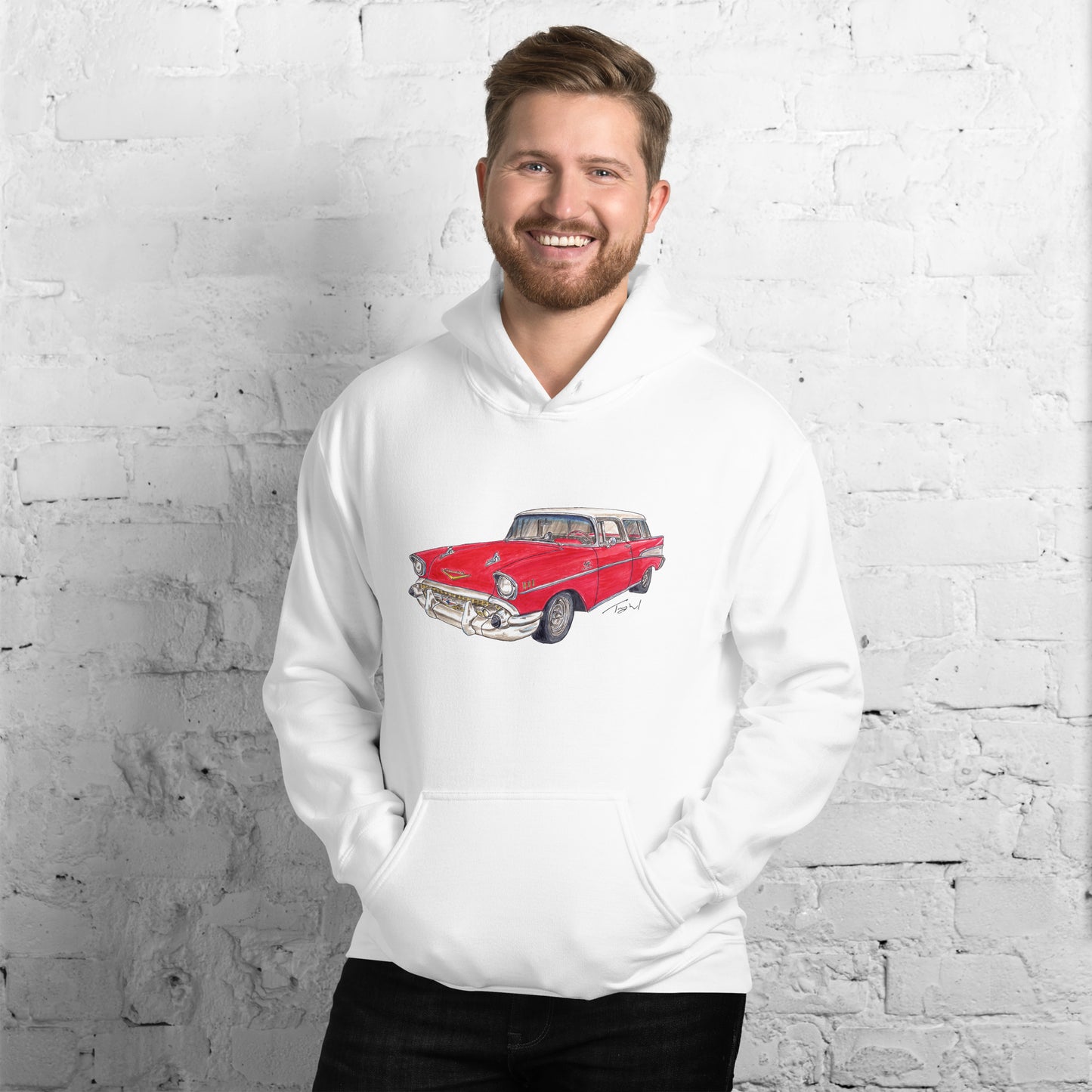 1957 C Belair Nomad Wagon Red-White Unisex Hoodie