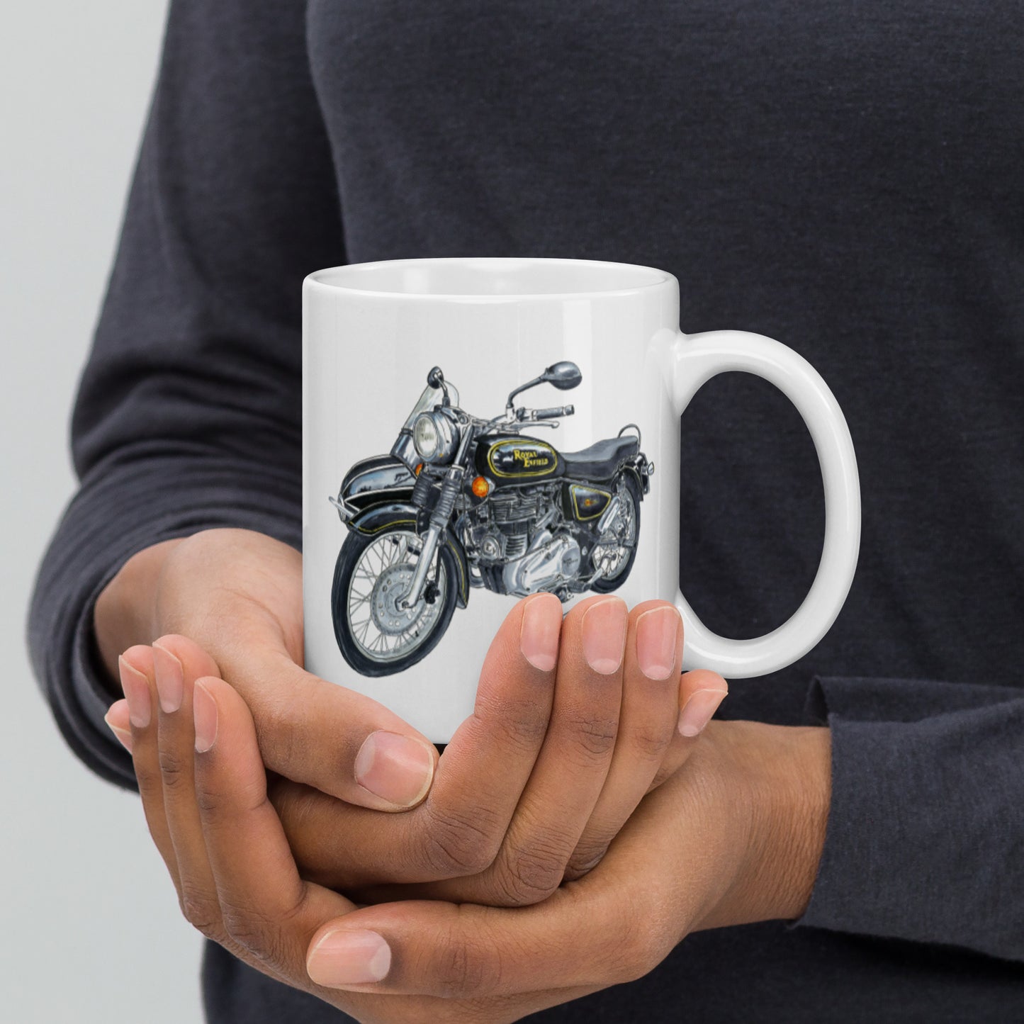 British Royal Enfield Motorcycle SC White glossy mug