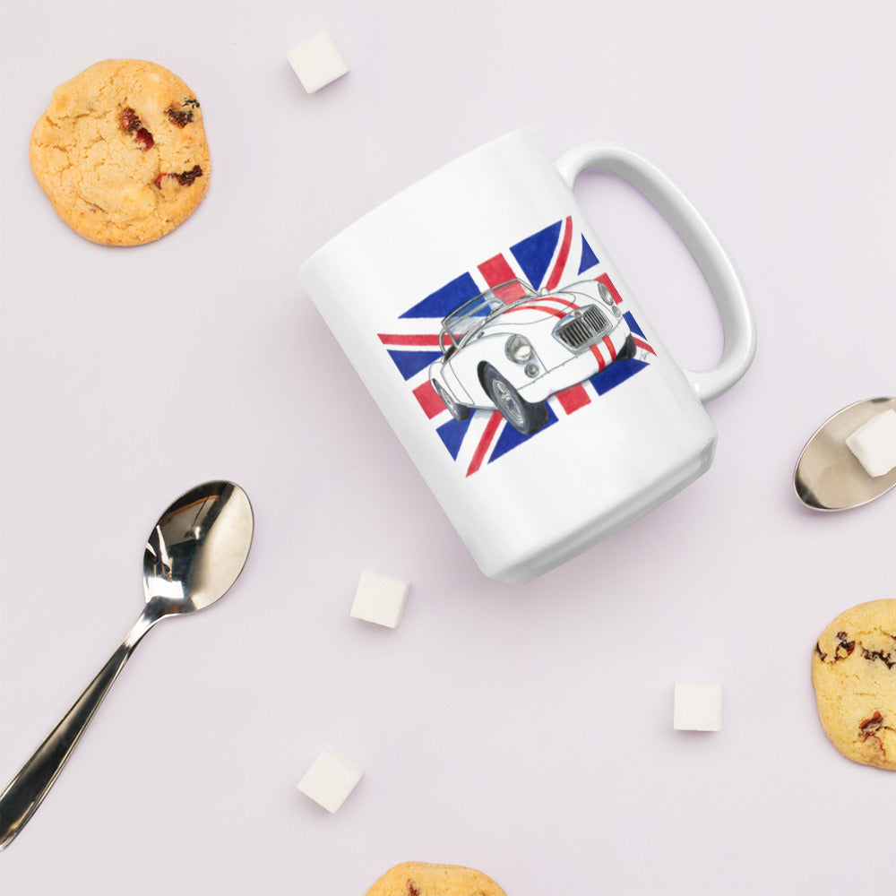 British 1962 MGA Union Jack White glossy mug